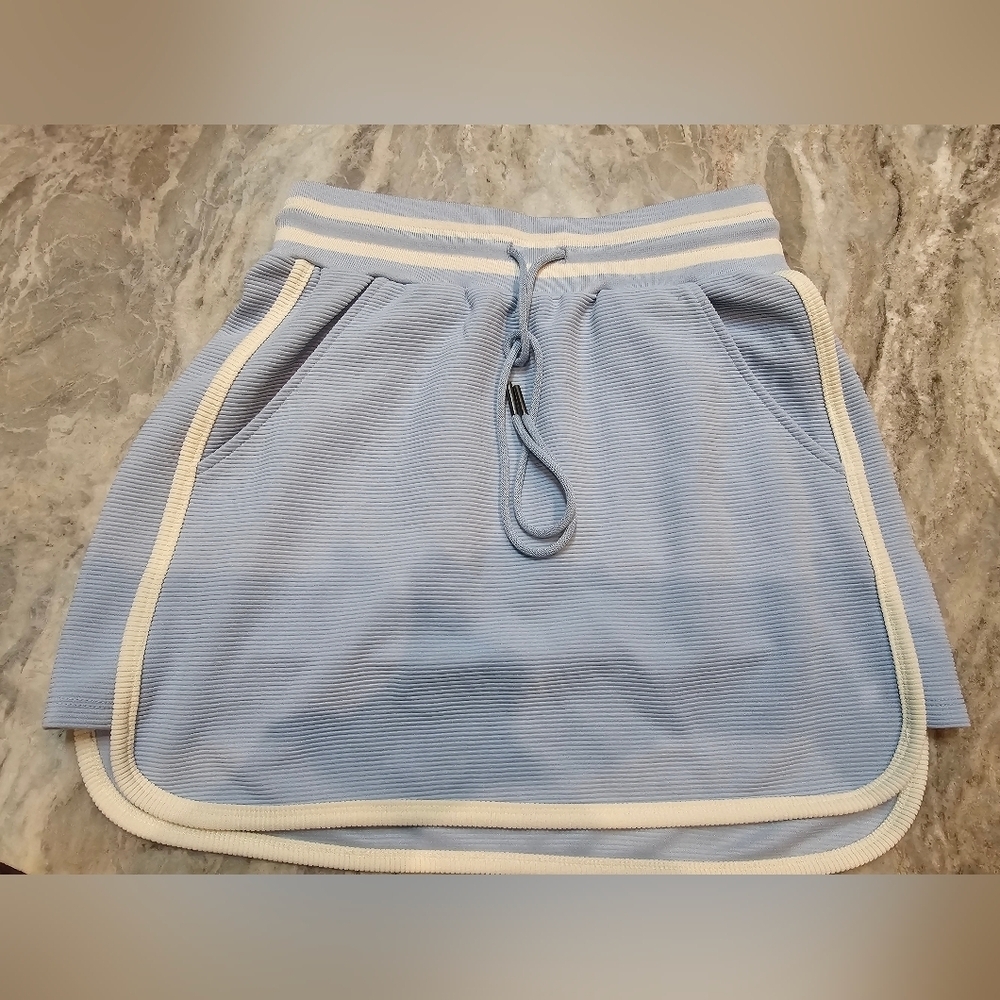Entro Light Blue Ribbed Knit Mini Skirt Women’s Small Elastic Waist Ivory Trim